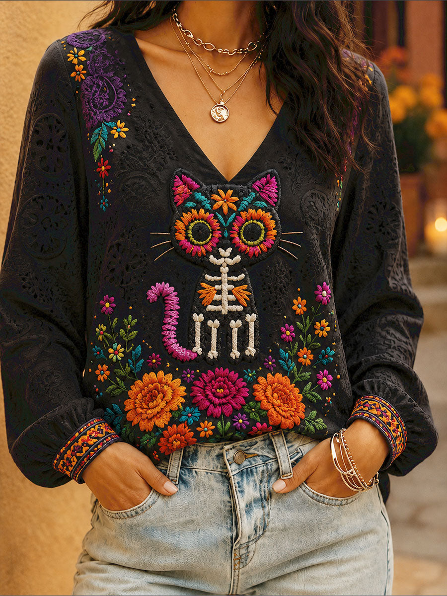 Women's Mexico Day of The Dead Floral Art Printed Tops