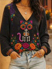 Women's Mexico Day of The Dead Floral Art Printed Tops