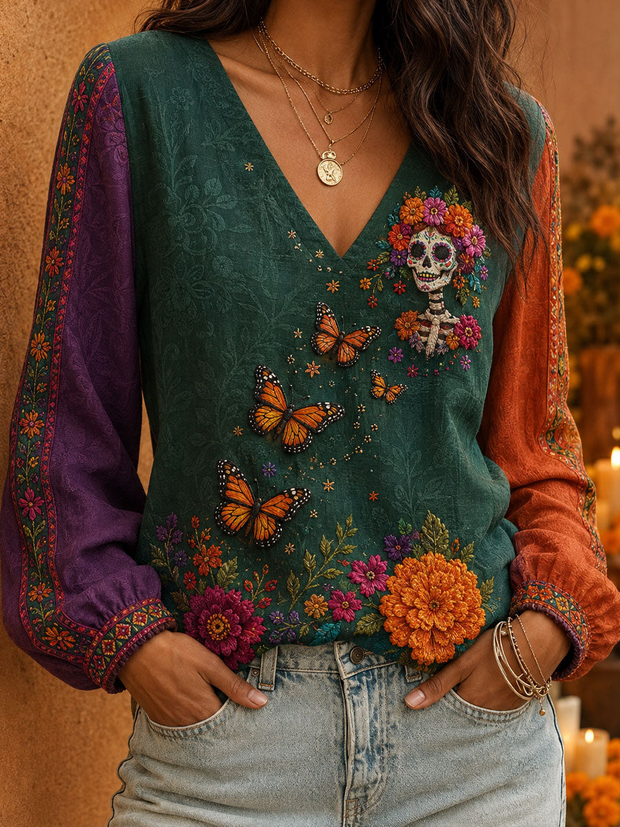 Women's Mexico Day of The Dead Floral Art Printed Tops