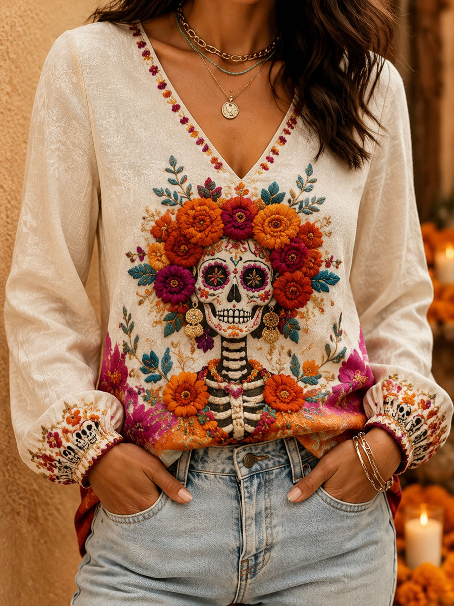Women's Mexico Day of The Dead Floral Art Printed Tops
