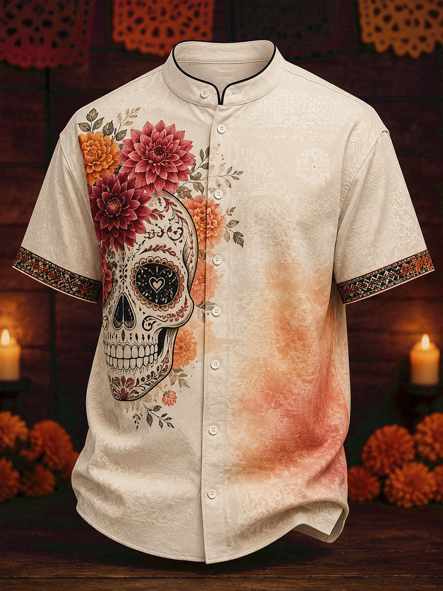 Men's Mexico Day of The Dead Floral Art Printed Shirt