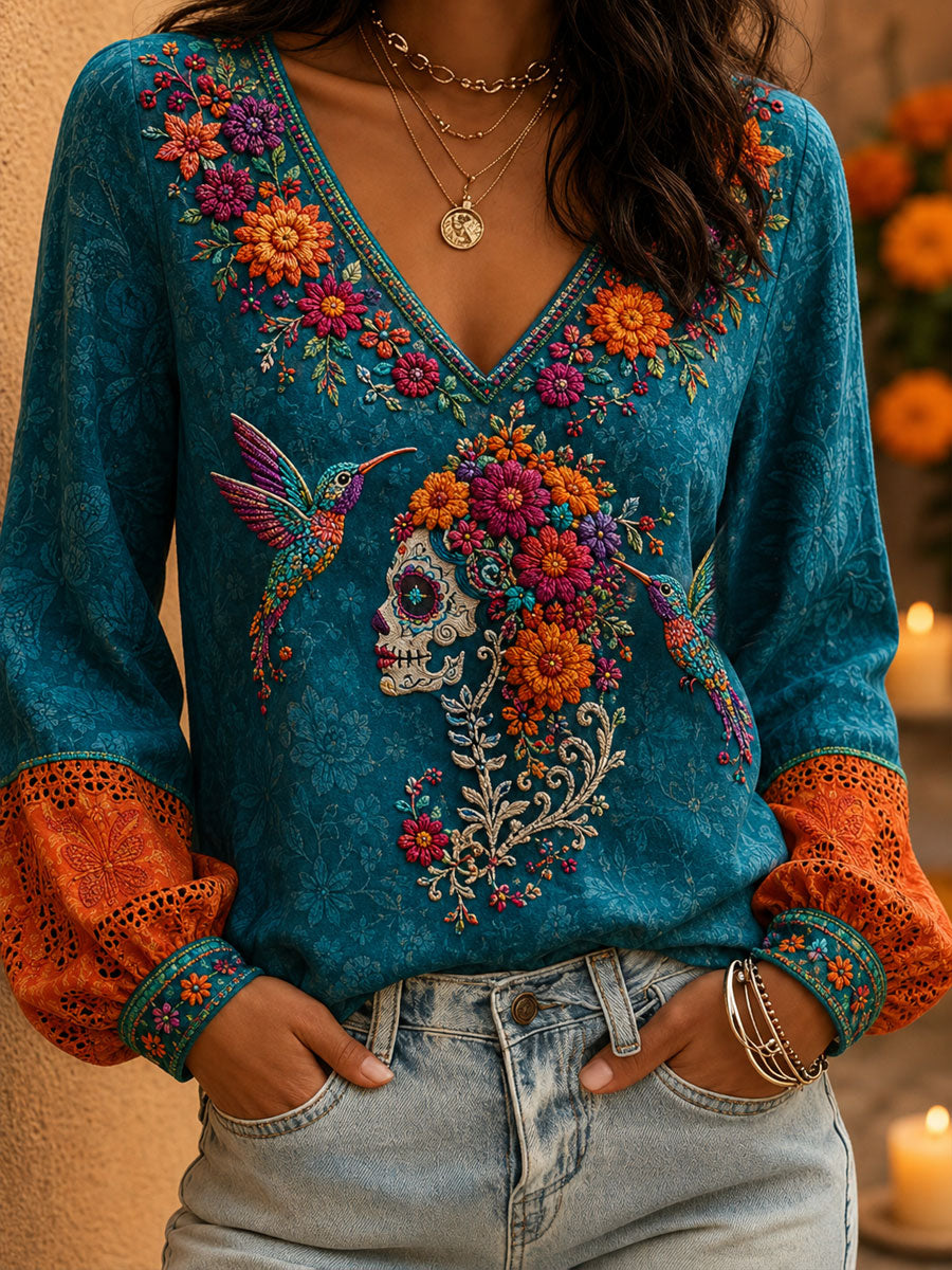 Women's Mexico Day of The Dead Floral Art Printed Tops