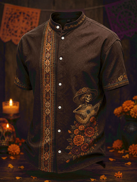 Men's Mexico Day of The Dead Floral Art Printed Shirt