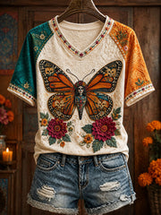 Women's Mexico Day of The Dead Floral Art Printed T-shirt