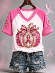 Women's Pink Ribbon Pumpkin Print Breast Cancer Awareness Support V-Neck Tee