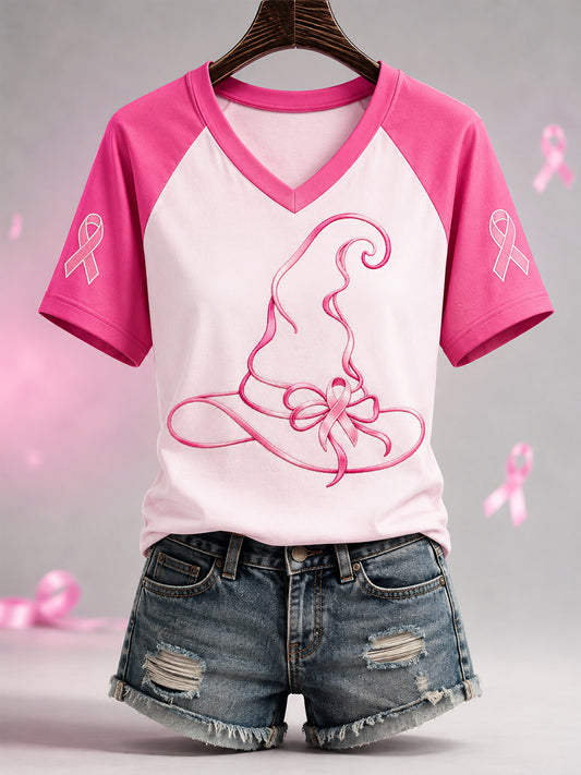 Women's Pink Ribbon Halloween Witch Hat Print Breast Cancer Awareness Support V-Neck Tee