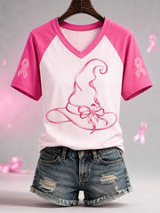 Women's Pink Ribbon Halloween Witch Hat Print Breast Cancer Awareness Support V-Neck Tee