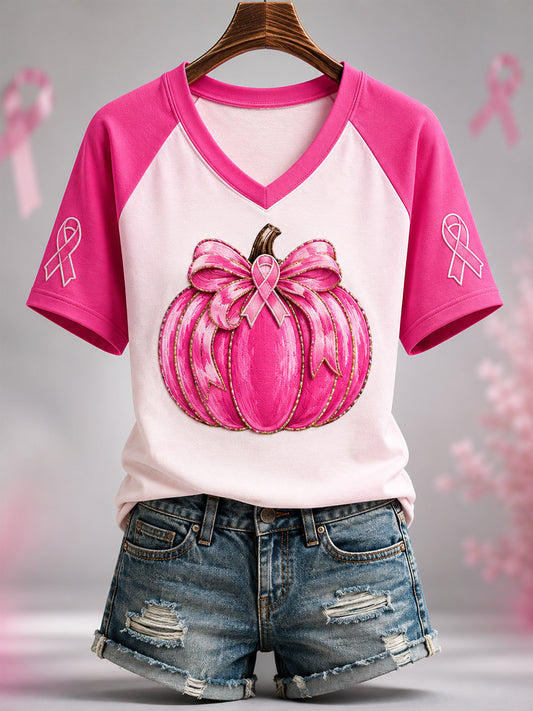 Women's Pink Ribbon Pumpkin Print Breast Cancer Awareness Support V-Neck Tee