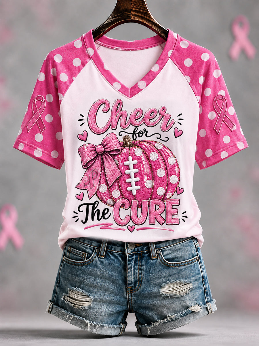 Women's Pink Ribbon Pumpkin Print Breast Cancer Awareness Support V-Neck Tee