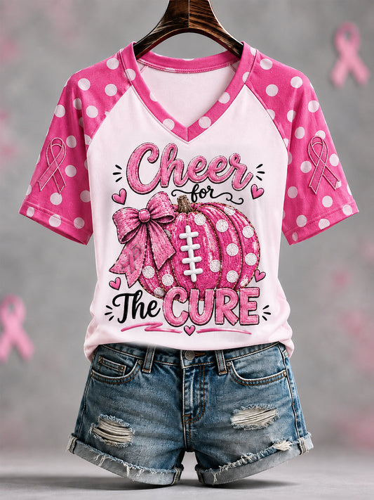 Women's Pink Ribbon Pumpkin Print Breast Cancer Awareness Support V-Neck Tee