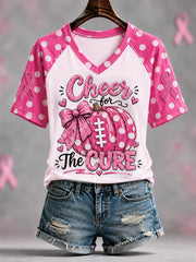 Women's Pink Ribbon Pumpkin Print Breast Cancer Awareness Support V-Neck Tee