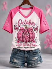 Women's Pink Ribbon Pumpkin Print Breast Cancer Awareness Support V-Neck Tee