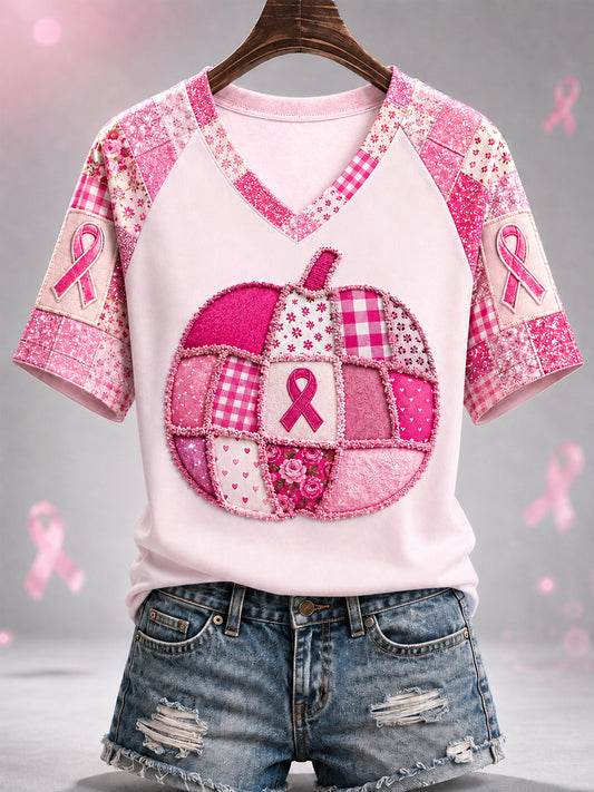 Women's Pink Ribbon Pumpkin Print Breast Cancer Awareness Support V-Neck Tee