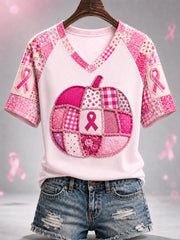 Women's Pink Ribbon Pumpkin Print Breast Cancer Awareness Support V-Neck Tee
