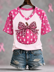 Women's Pink Ribbon Pumpkin Print Breast Cancer Awareness Support V-Neck Tee