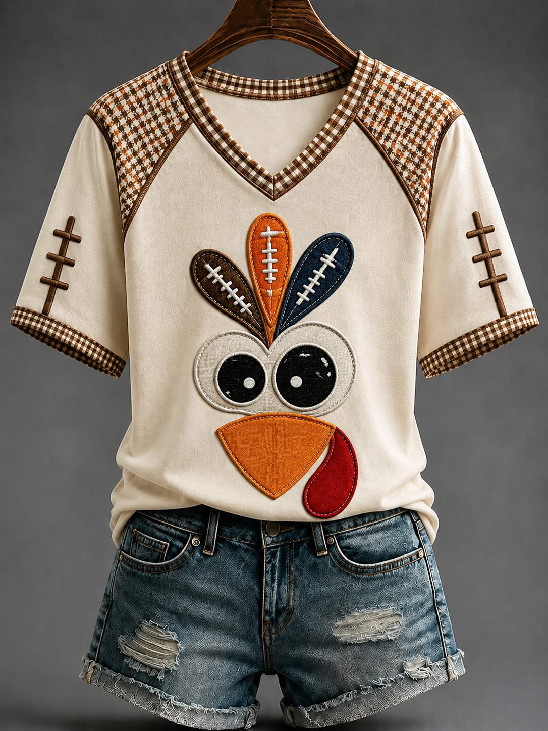 Women's Fun Turkey Football V-neck Off-shoulder Short-sleeved T-shirt
