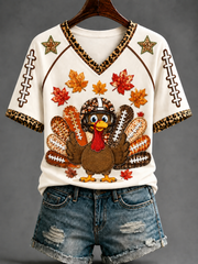 Women's Fun Turkey Rugby V-neck Off-shoulder Short-sleeved T-shirt