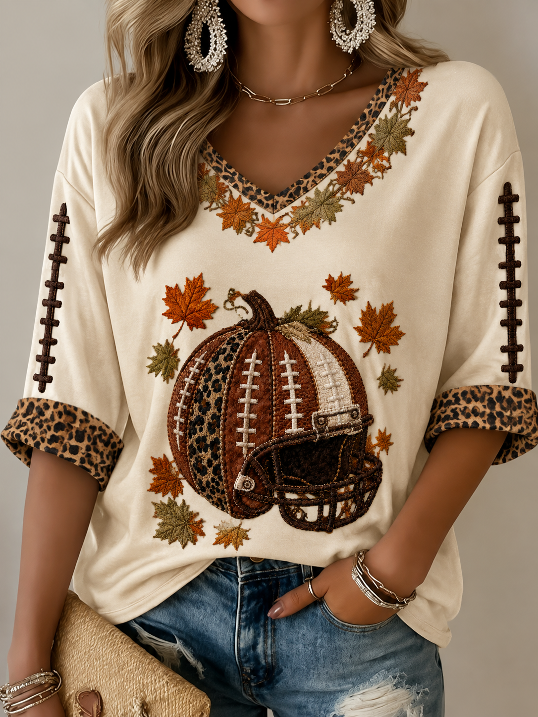Women's Football Mid-length Sleeves V-Neck T-Shirt
