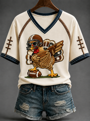 Women's Fun Turkey Football V-neck Off-shoulder Short-sleeved T-shirt