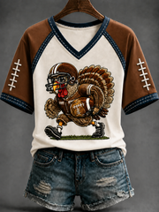 Women's Fun Turkey Football V-neck Off-shoulder Short-sleeved T-shirt
