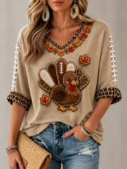 Women's Fun Turkey Rugby Mid-length Sleeves V-Neck T-Shirt