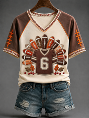 Women's Fun Turkey Football V-neck Off-shoulder Short-sleeved T-shirt