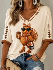 Women's Fun Turkey Football Mid-length Sleeves V-Neck T-Shirt