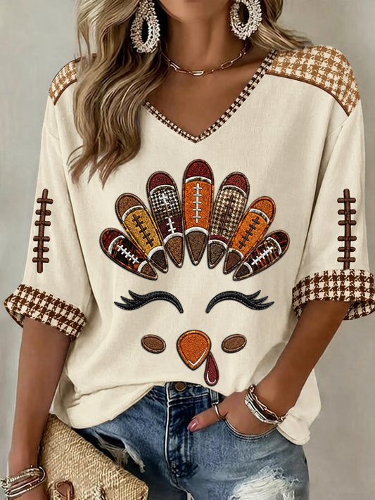 Women's Fun Turkey Football Mid-length Sleeves V-Neck T-Shirt