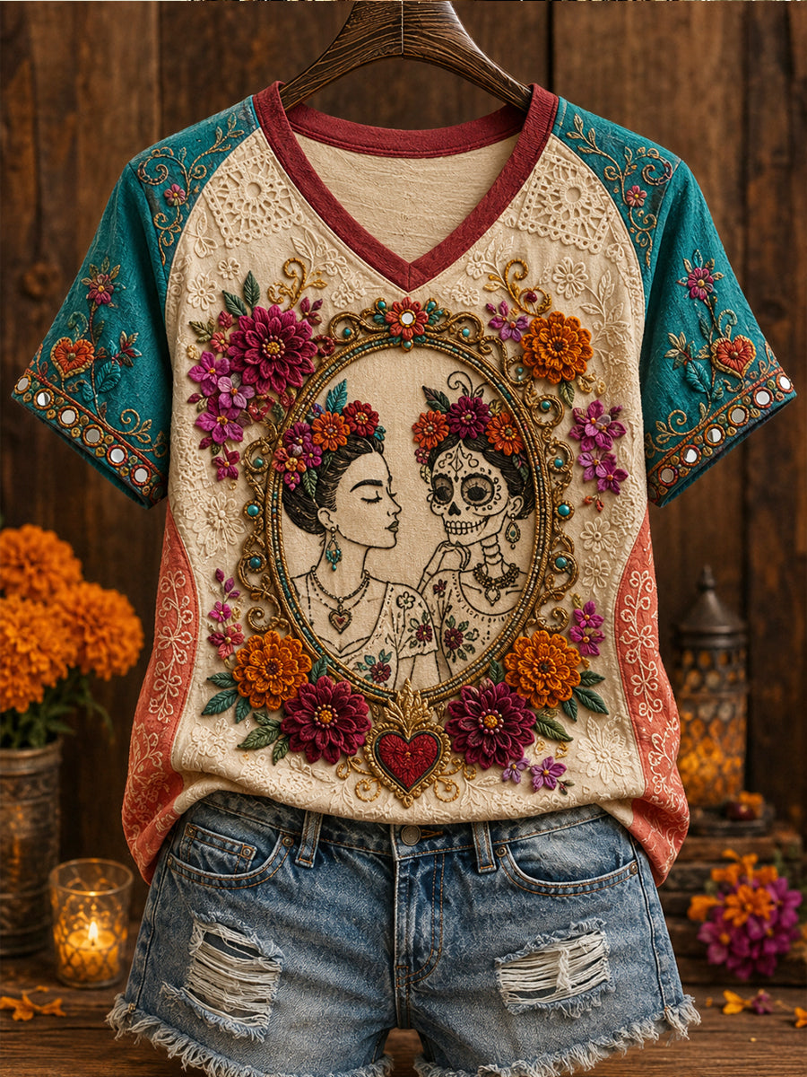 Women's Mexico Day of The Dead Floral Art Printed T-shirt