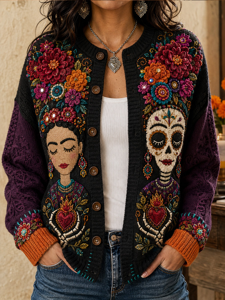 Women's Mexico Day of The Dead Floral Art Printed Cardigan-Style Knit Jacket