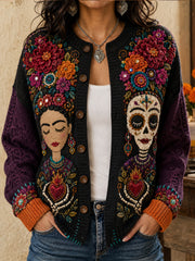 Women's Mexico Day of The Dead Floral Art Printed Cardigan-Style Knit Jacket