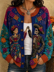 Women's Mexico Day of The Dead Floral Art Printed Cardigan-Style Knit Jacket