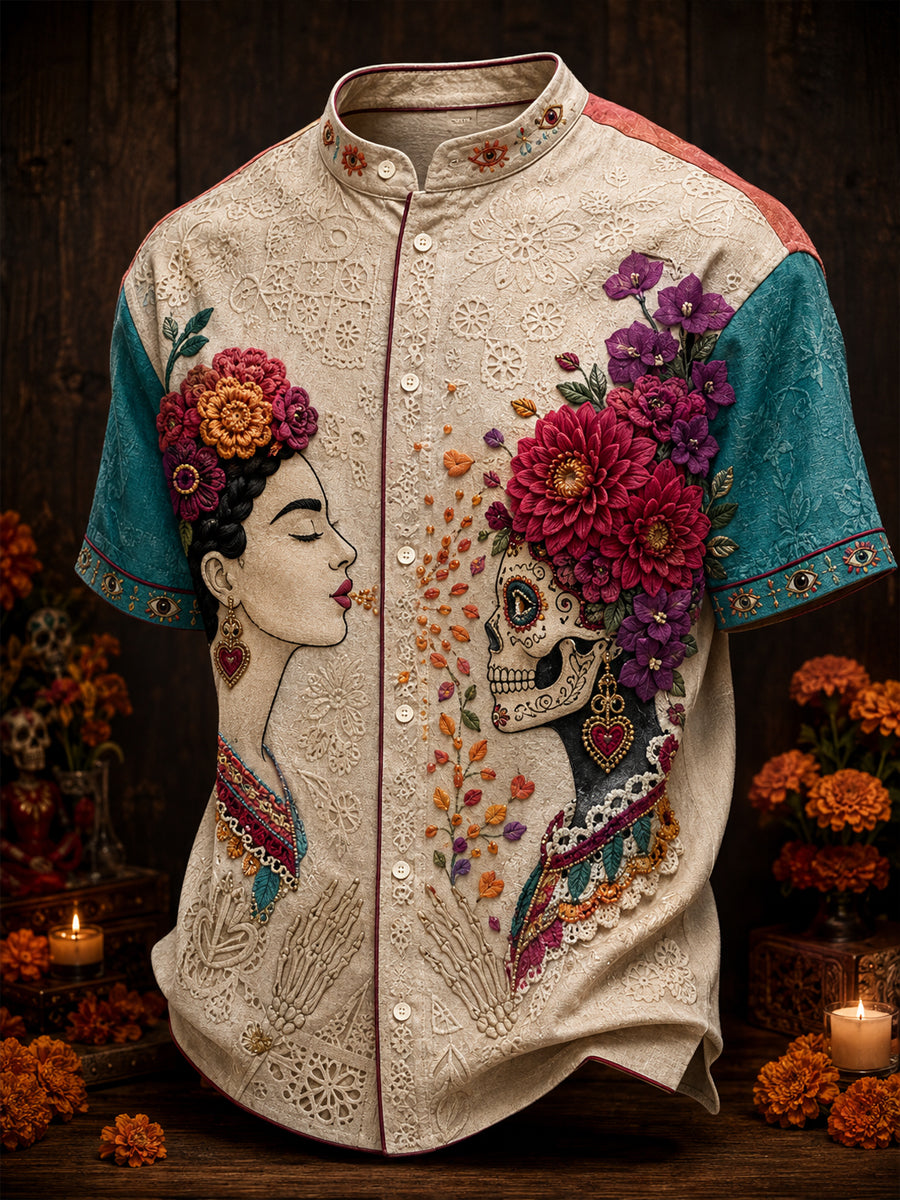 Men's Mexico Day of The Dead Floral Art Printed Shirt