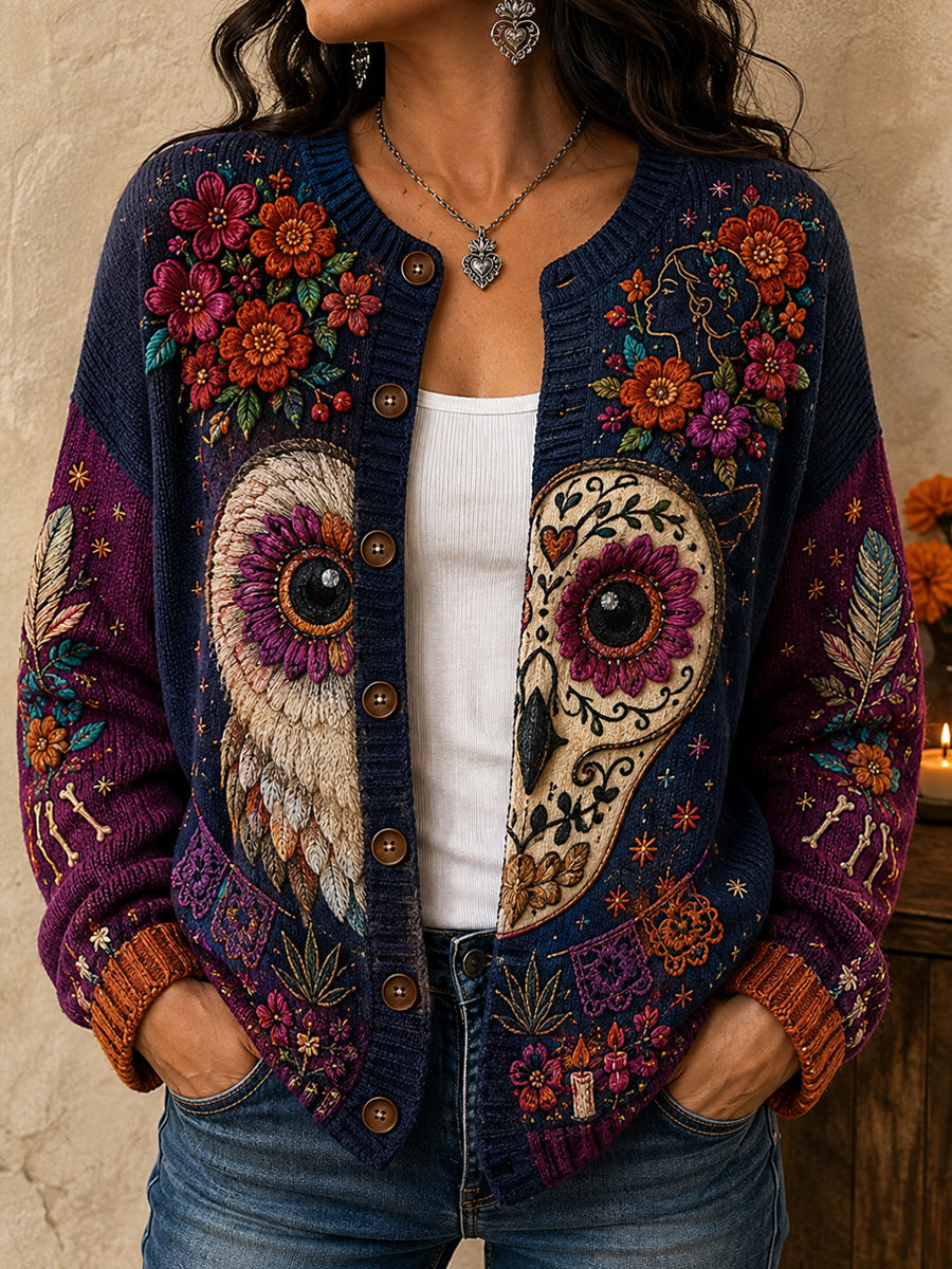 Women's Mexico Day of The Dead Floral Art Printed Cardigan-Style Knit Jacket