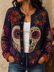 Women's Mexico Day of The Dead Floral Art Printed Cardigan-Style Knit Jacket