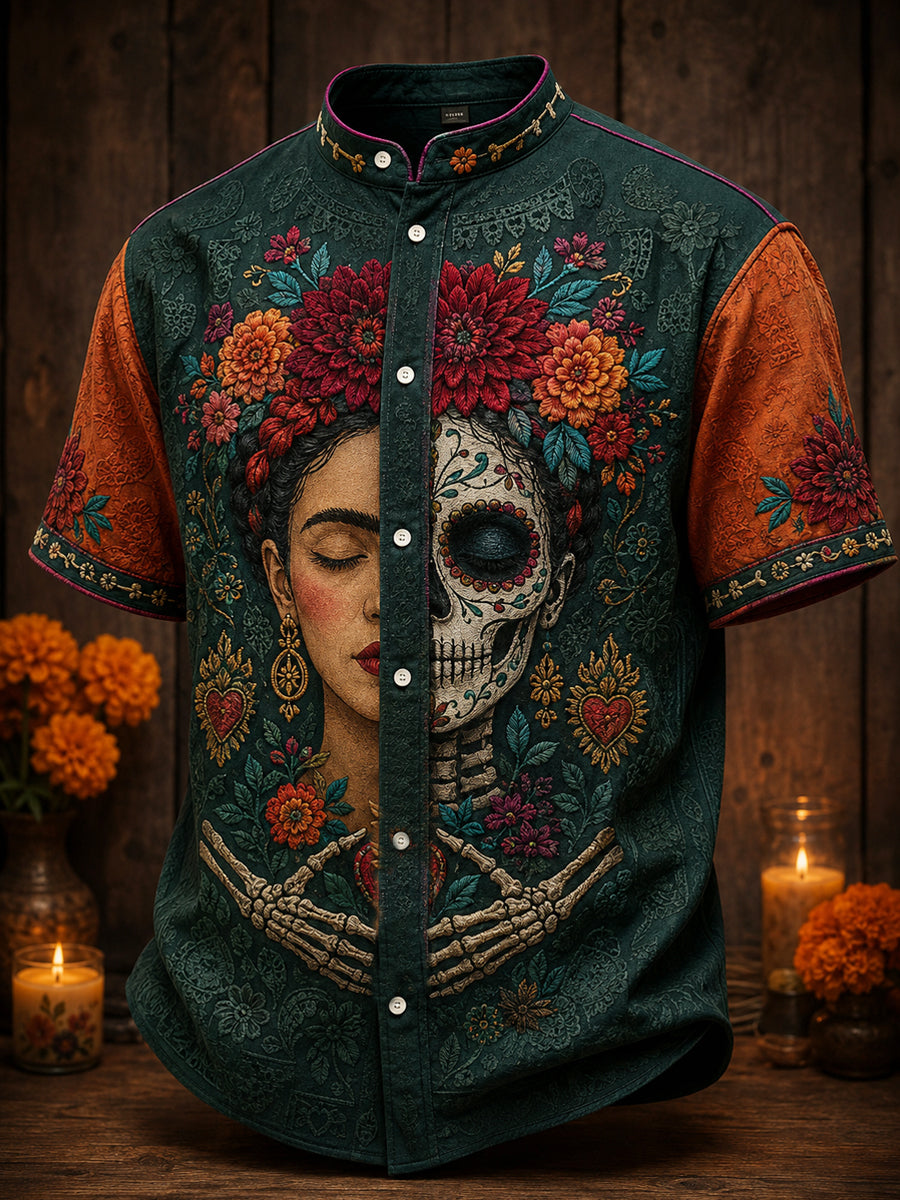 Men's Mexico Day of The Dead Floral Art Printed Shirt