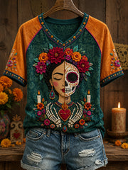 Women's Mexico Day of The Dead Floral Art Printed T-shirt