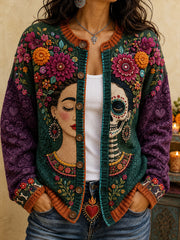 Women's Mexico Day of The Dead Floral Art Printed Cardigan-Style Knit Jacket