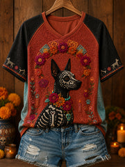 Women's Mexico Day of The Dead Floral Art Printed T-shirt
