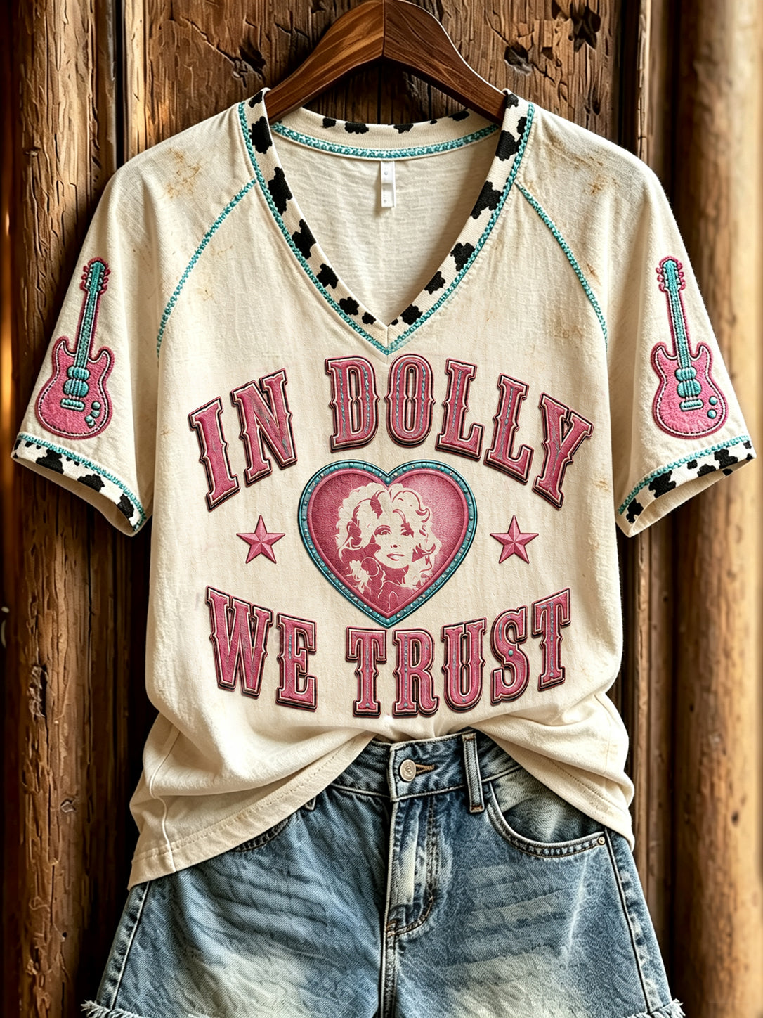 Women's In Dolly We Trust Western Print Memorial Short-sleeved T-shirt
