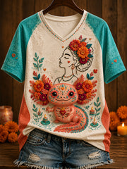 Women's Mexico Day of The Dead Floral Art Printed T-shirt