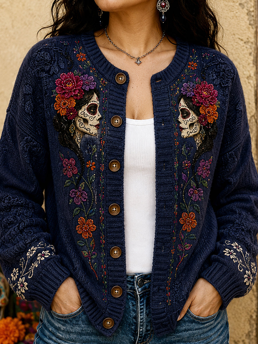 Women's Mexico Day of The Dead Floral Art Printed Cardigan-Style Knit Jacket