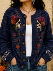 Women's Mexico Day of The Dead Floral Art Printed Cardigan-Style Knit Jacket