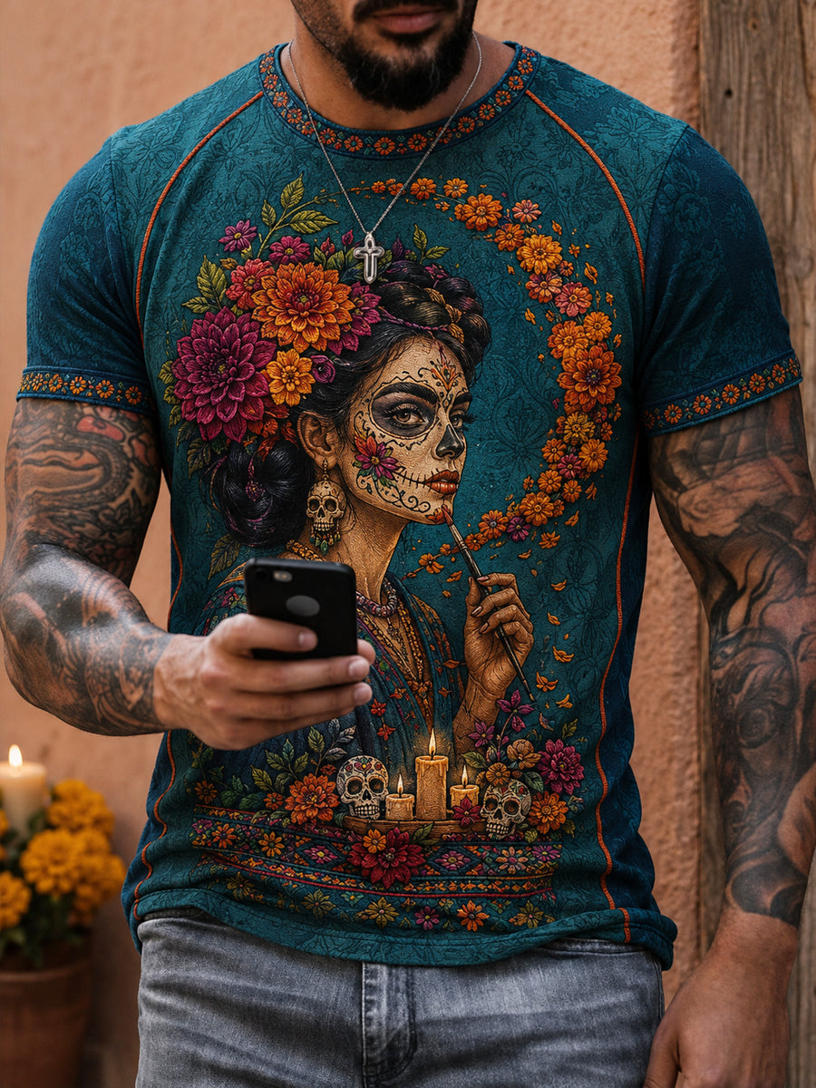 Men's Mexico Day of The Dead Floral Art Printed T-shirt