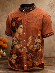Men's Mexico Day of The Dead Floral Art Printed Shirt