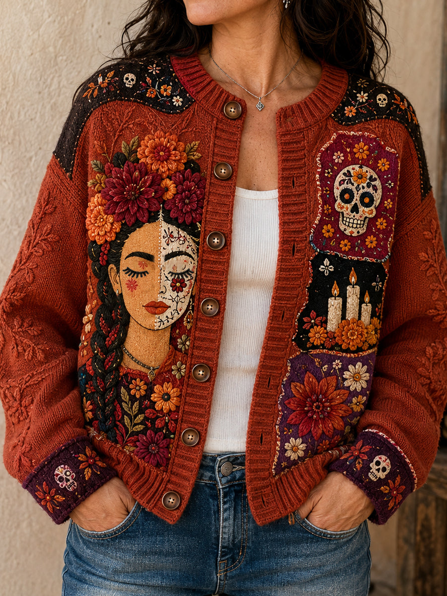 Women's Mexico Day of The Dead Floral Art Printed Cardigan-Style Knit Jacket