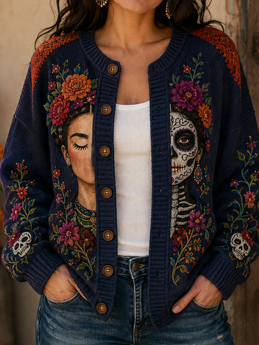 Women's Mexico Day of The Dead Floral Art Printed Cardigan-Style Knit Jacket