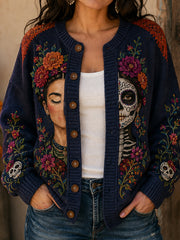 Women's Mexico Day of The Dead Floral Art Printed Cardigan-Style Knit Jacket