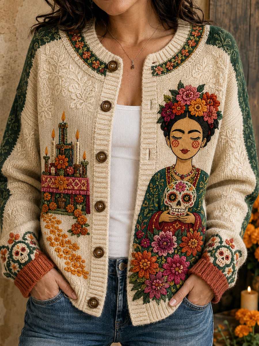 Women's Mexico Day of The Dead Floral Art Printed Cardigan-Style Knit Jacket