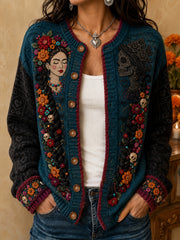 Women's Mexico Day of The Dead Floral Art Printed Cardigan-Style Knit Jacket